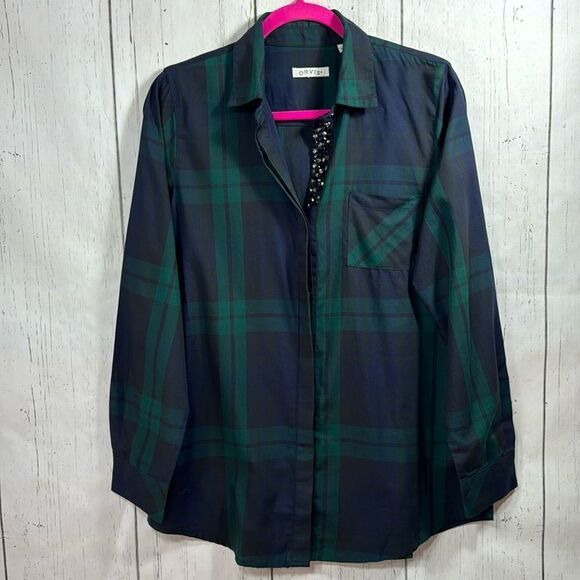 Orvis Womens Plaid Button Down Shirt with Beaded Trim Green Navy Preppy Classic - Picture 1 of 16